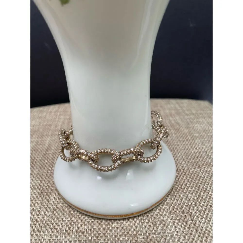 J.Crew Gold Tone Clear Pave Rhinestone Chunky Oval Link Bracelet 7.5 Inches